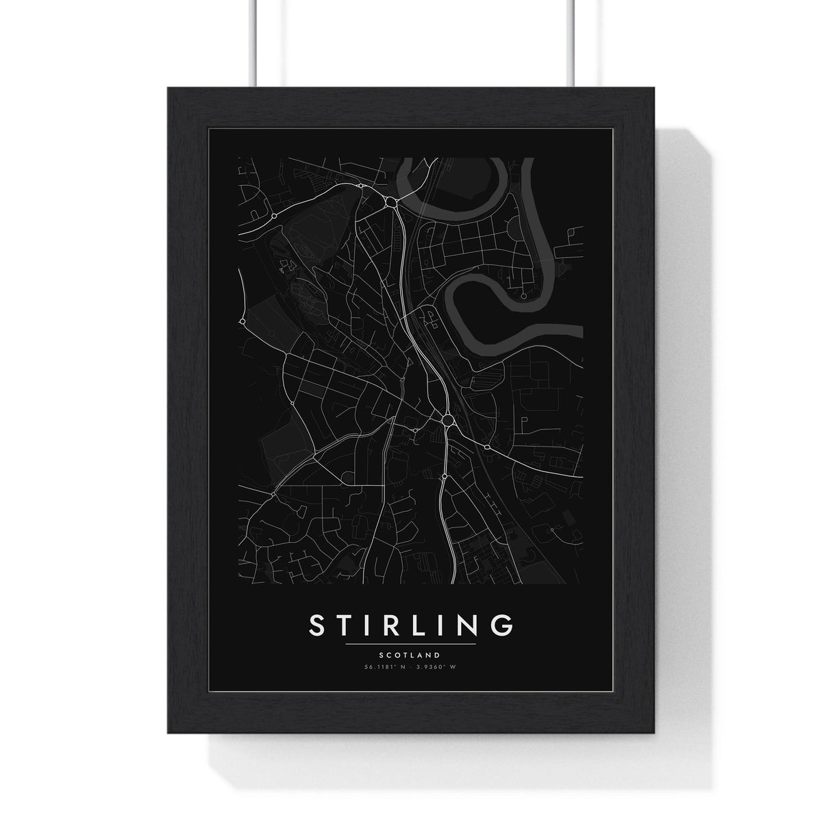 Stirling street map poster in black, minimal city map print framed in a black frame