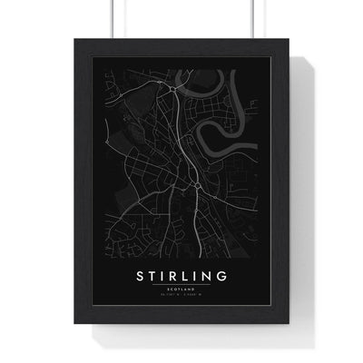 Stirling street map poster in black, minimal city map print framed in a black frame