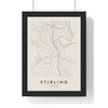 Stirling street map poster in cream, minimal city map print framed in a black frame