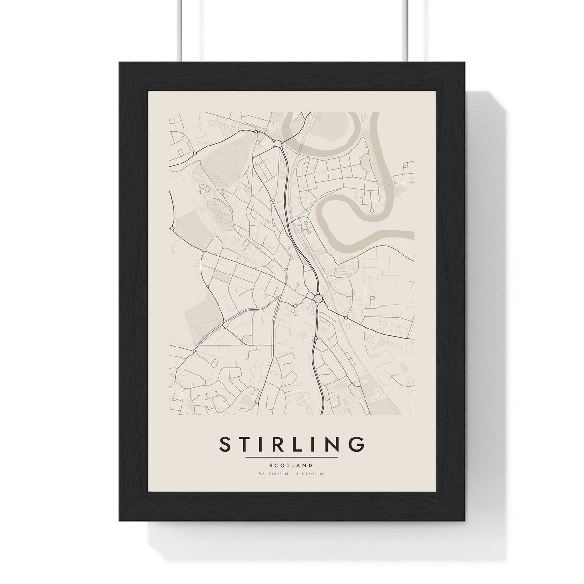 Stirling street map poster in cream, minimal city map print framed in a black frame
