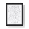 Stirling street map poster in white, minimal city map print framed in a black frame