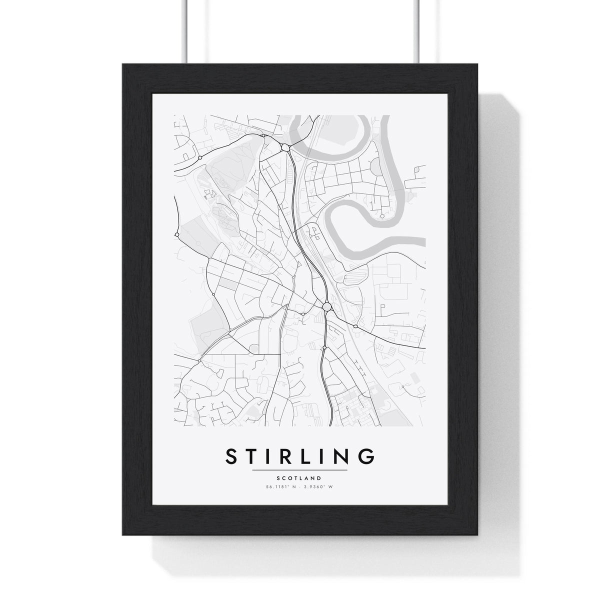 Stirling street map poster in white, minimal city map print framed in a black frame