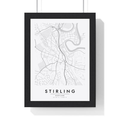 Stirling street map poster in white, minimal city map print framed in a black frame
