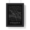 Stockholm street map poster in black, minimal city map print framed in a black frame