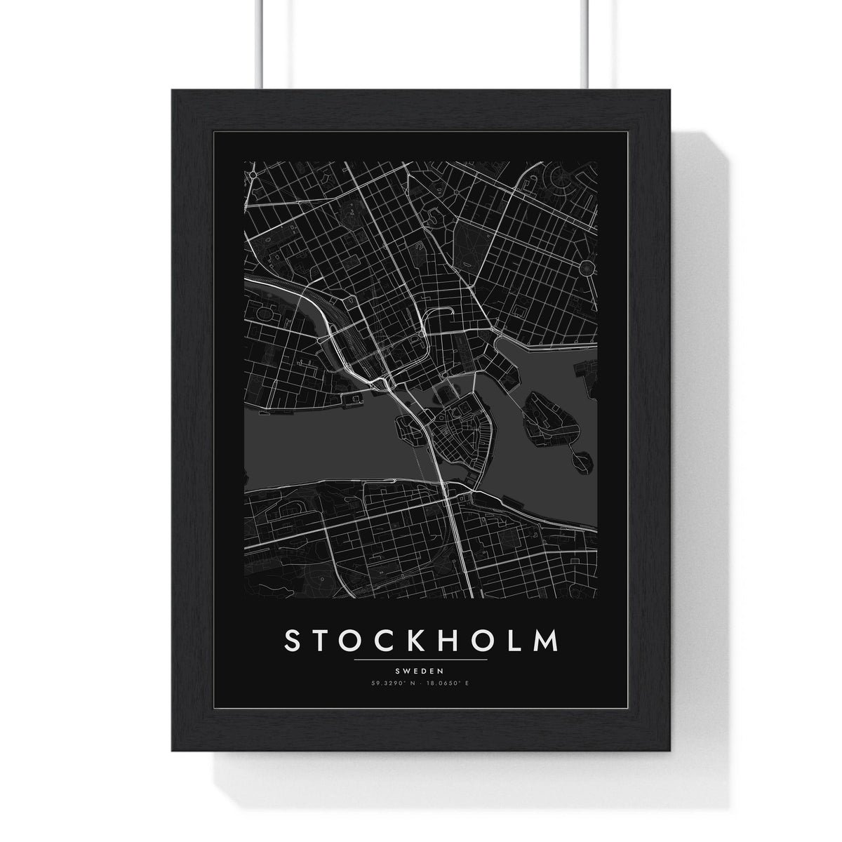 Stockholm street map poster in black, minimal city map print framed in a black frame