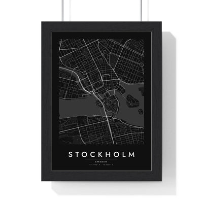 Stockholm street map poster in black, minimal city map print framed in a black frame