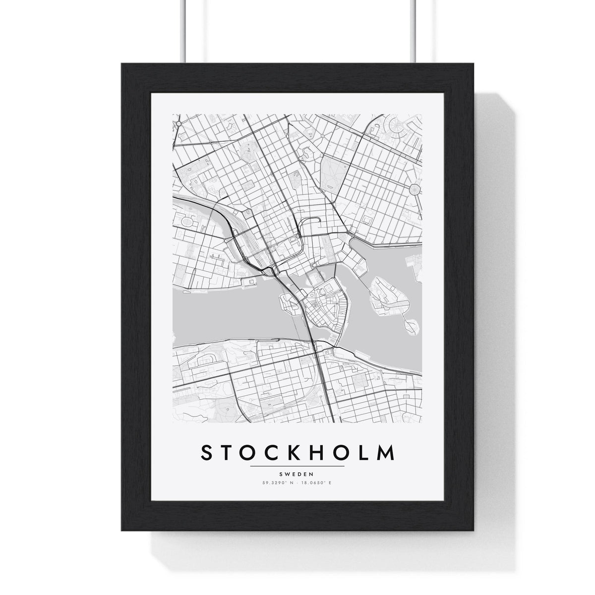 Stockholm street map poster in white, minimal city map print framed in a black frame