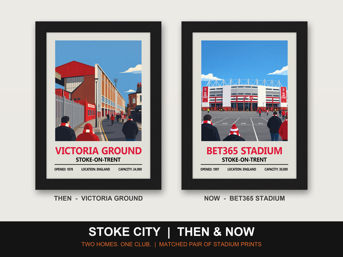 Stoke City Then & Now Stadium Set | Victoria Ground + bet365 Stadium Prints - framed prints shown together as a set