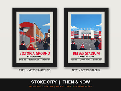 Stoke City Then & Now Stadium Set | Victoria Ground + bet365 Stadium Prints - framed prints shown together as a set