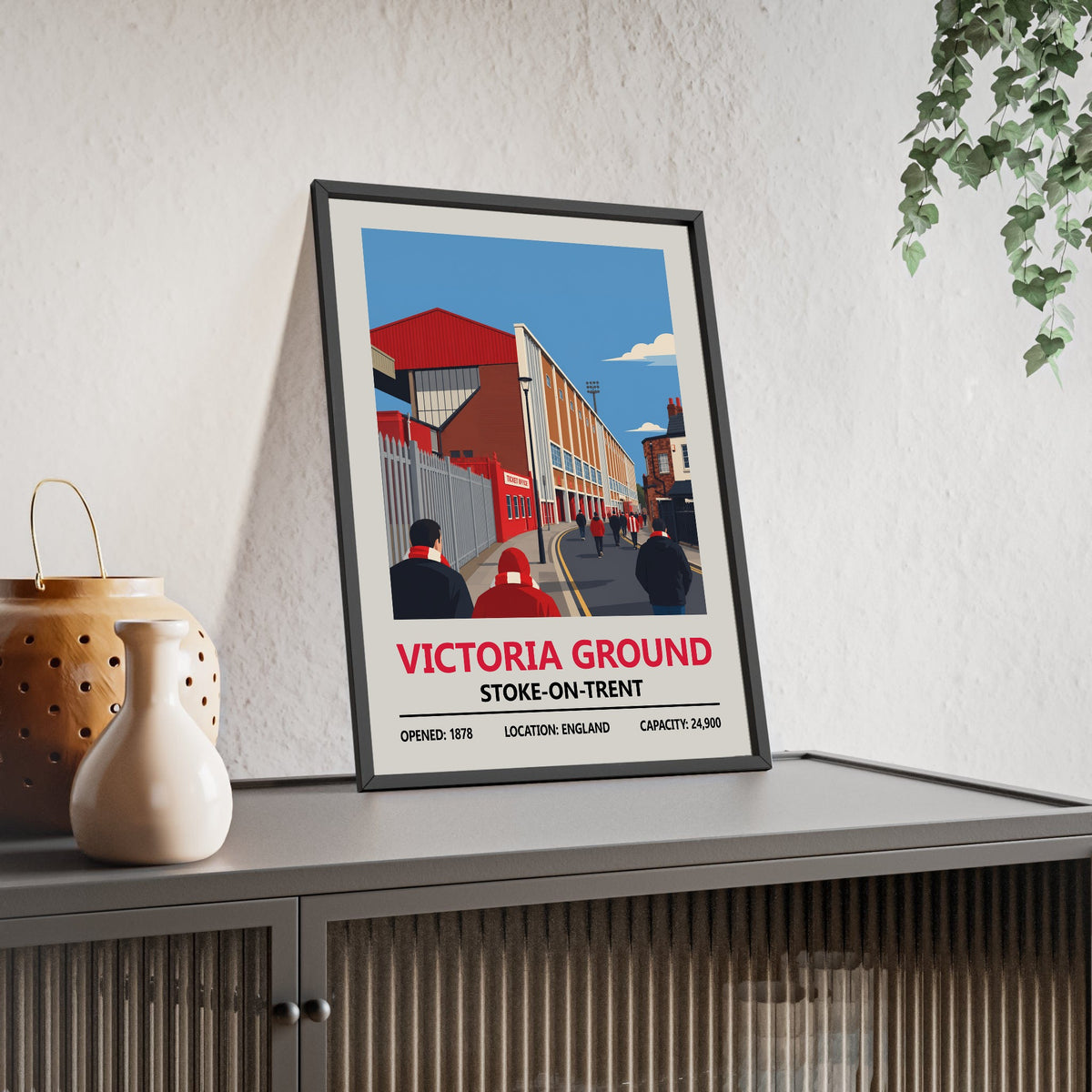 Stoke City Victoria Ground Stadium Print framed and leaning on a sideboard