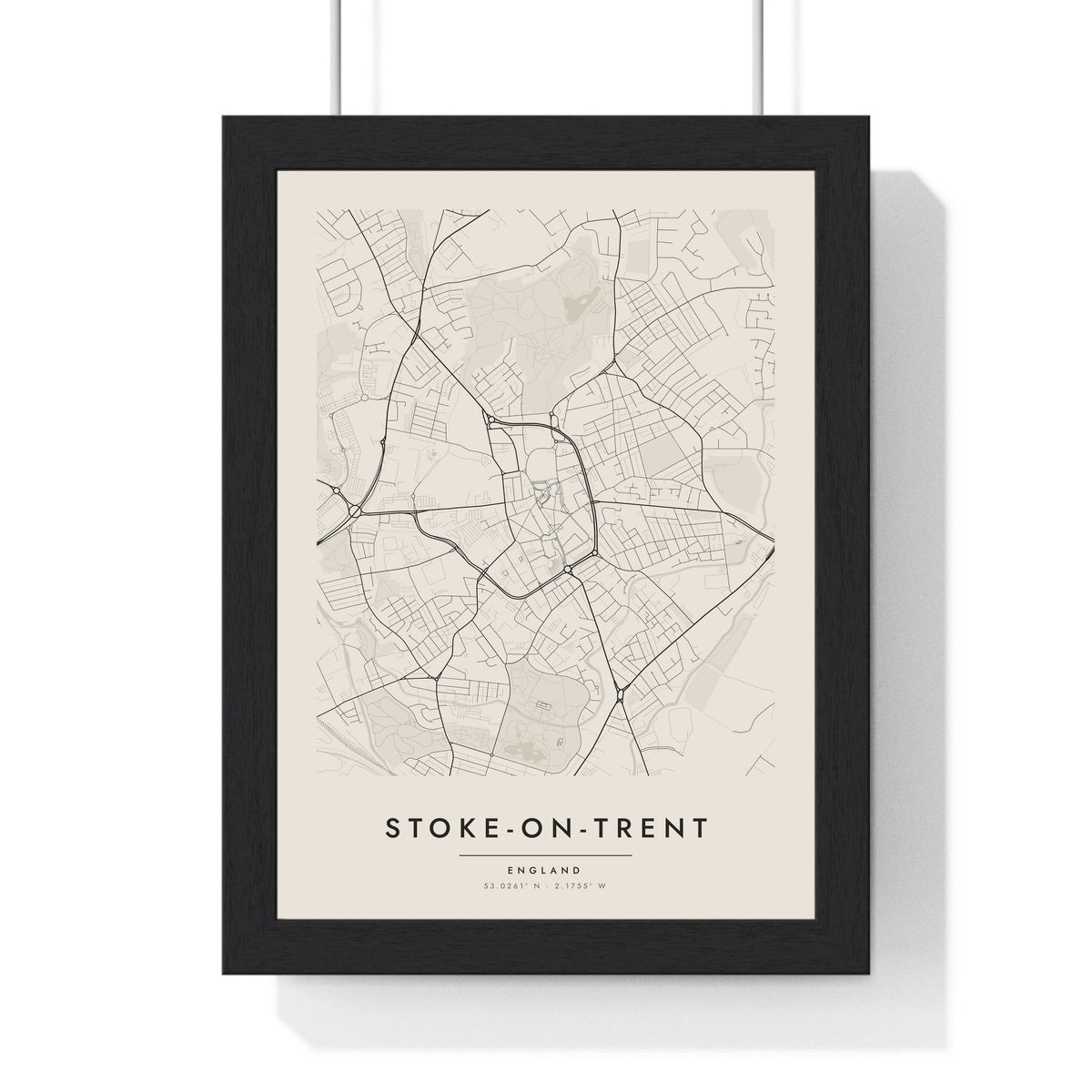 Stoke-on-Trent street map poster in cream, minimal city map print framed in a black frame