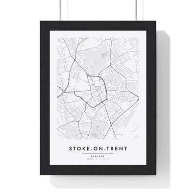 Stoke-on-Trent street map poster in white, minimal city map print framed in a black frame