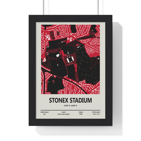 StoneX Stadium London Saracens rugby stadium map framed poster in red black white