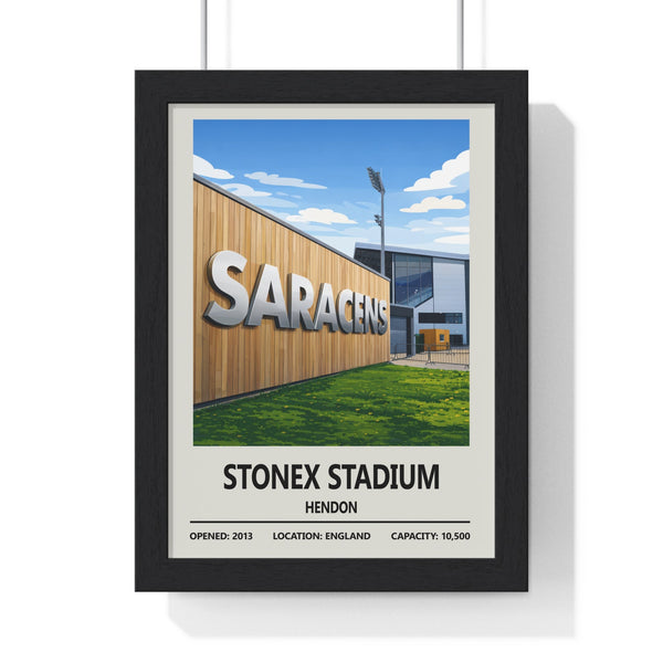 StoneX Stadium Saracens rugby poster framed in black wooden frame