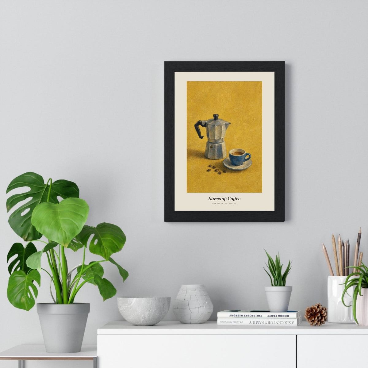 Stovetop Coffee Moka Pot Print framed on a living room wall
