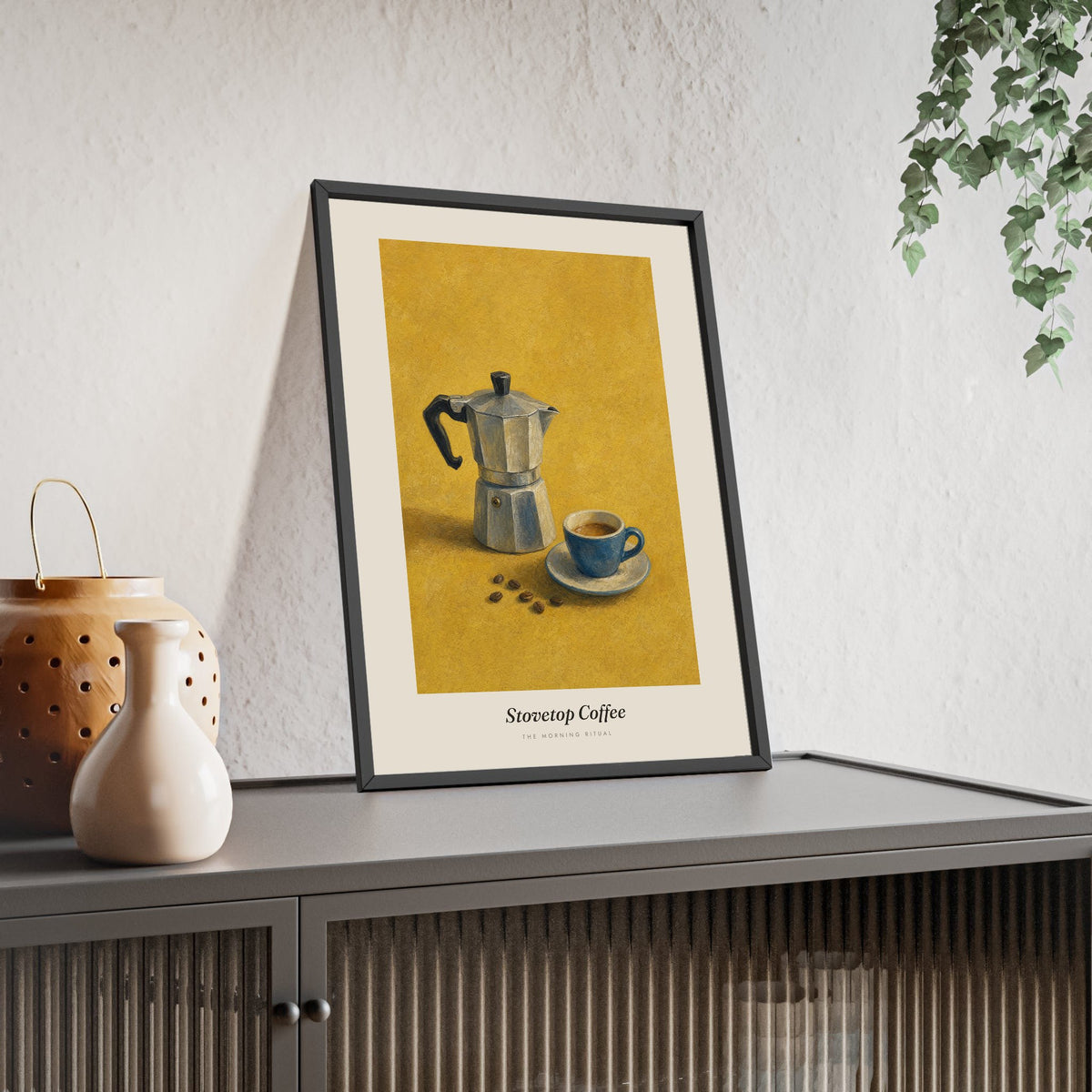 Stovetop Coffee Moka Pot Print framed and leaning on a sideboard