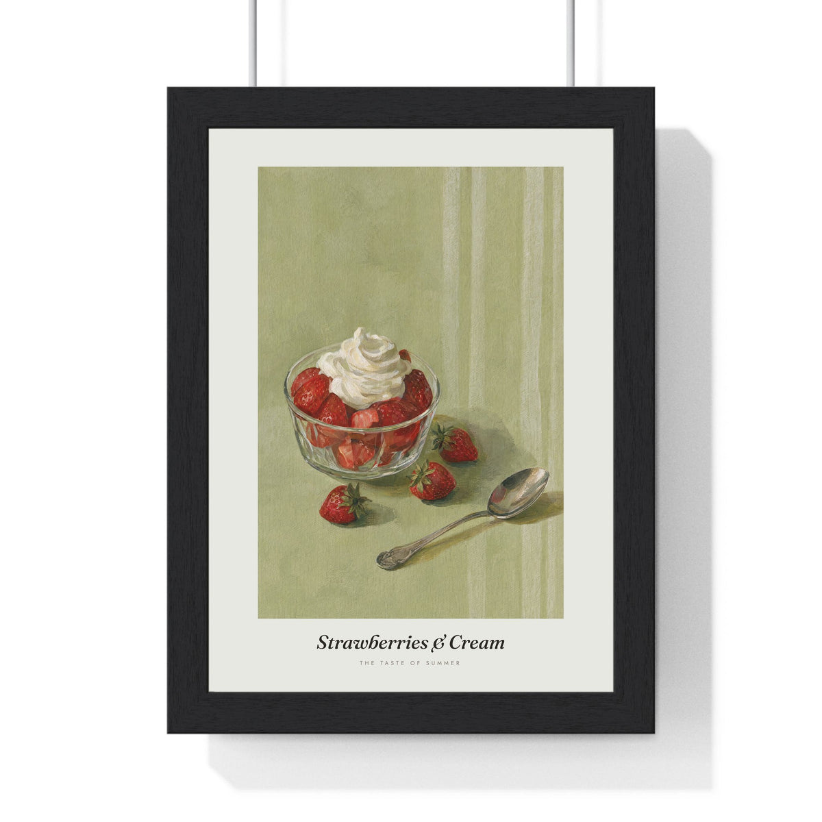 Strawberries and Cream Print framed in a black frame, ready to hang