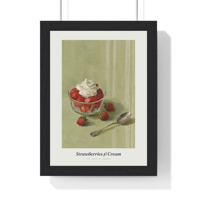 Strawberries and Cream Print framed in a black frame, ready to hang