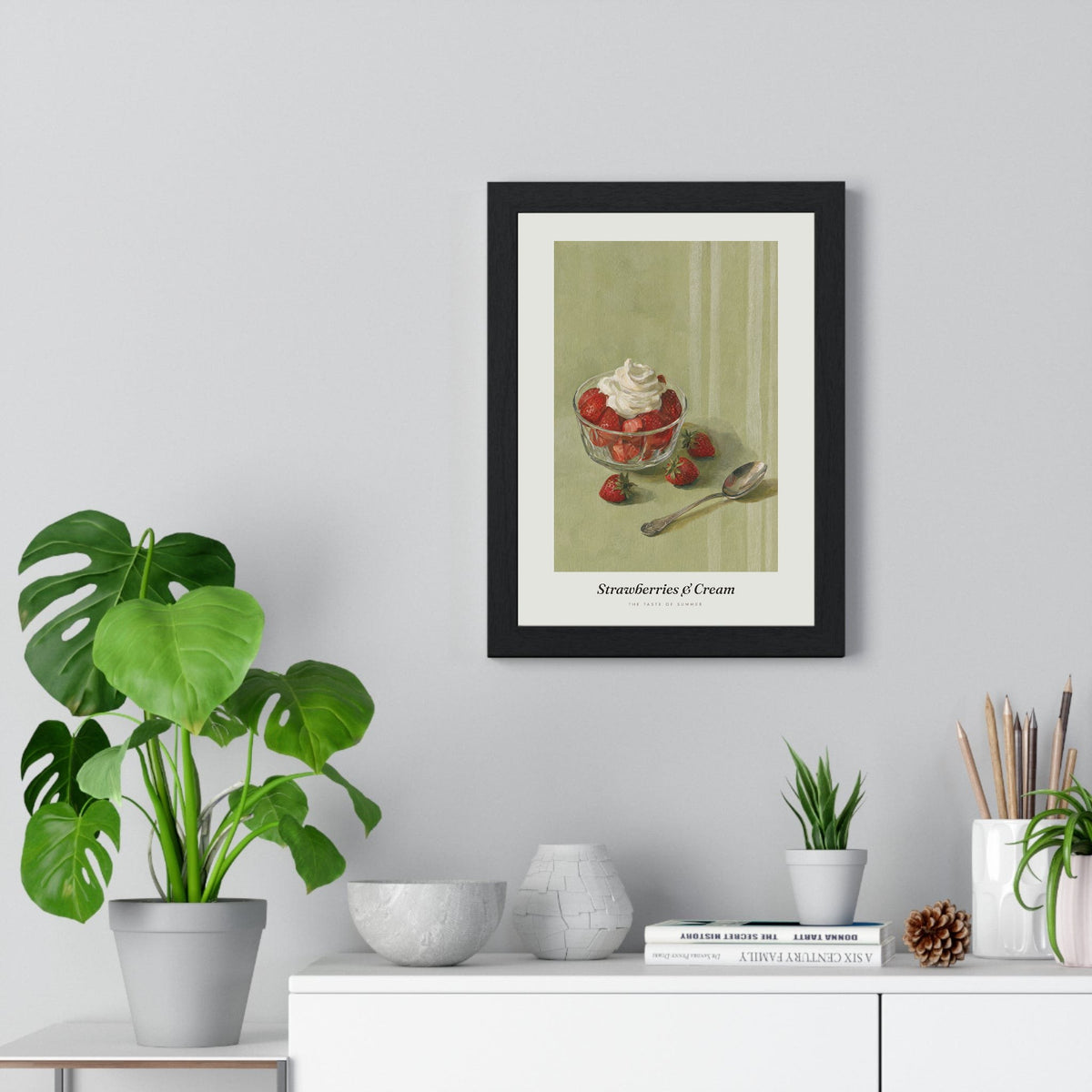 Strawberries and Cream Print framed on a living room wall