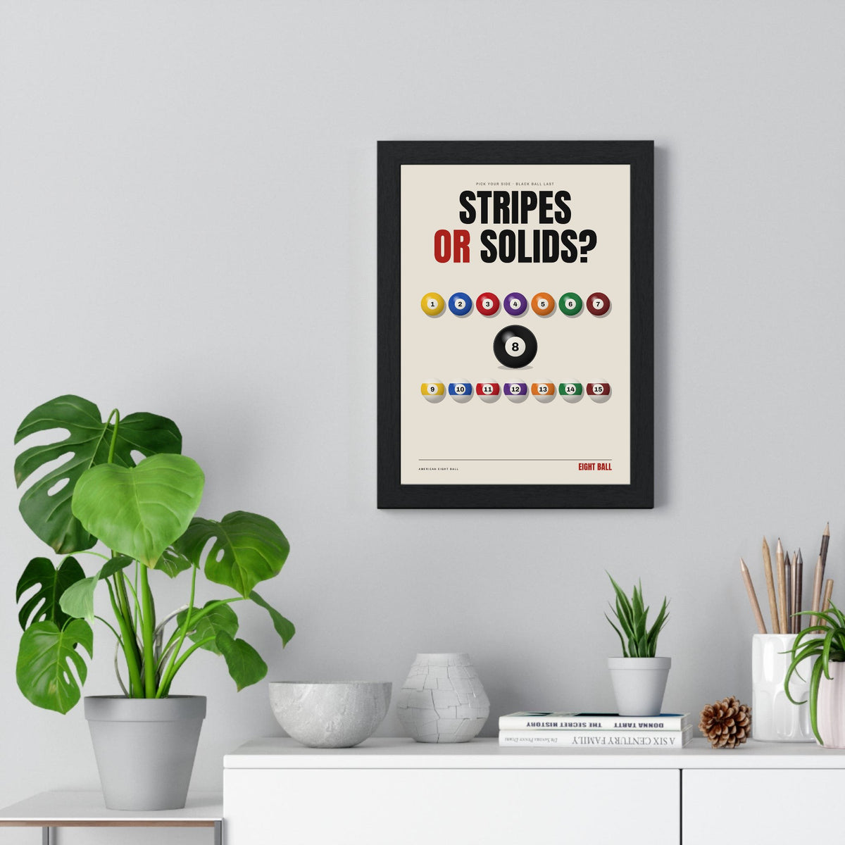 Stripes or Solids Pool print framed on a living room wall