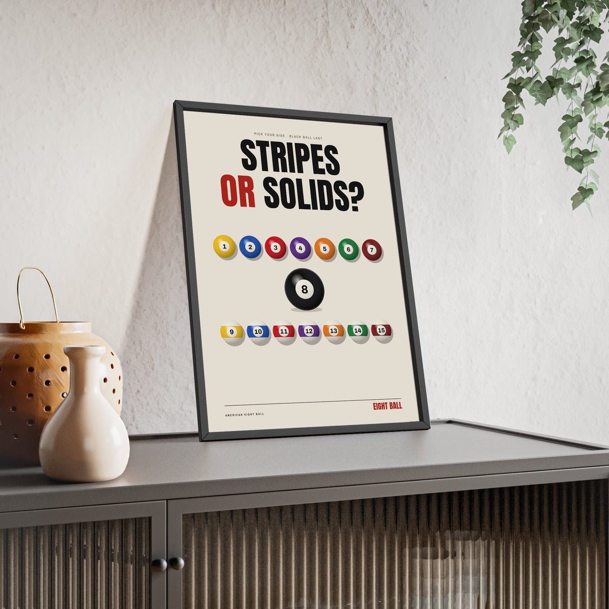 Stripes or Solids Pool print framed and leaning on a sideboard