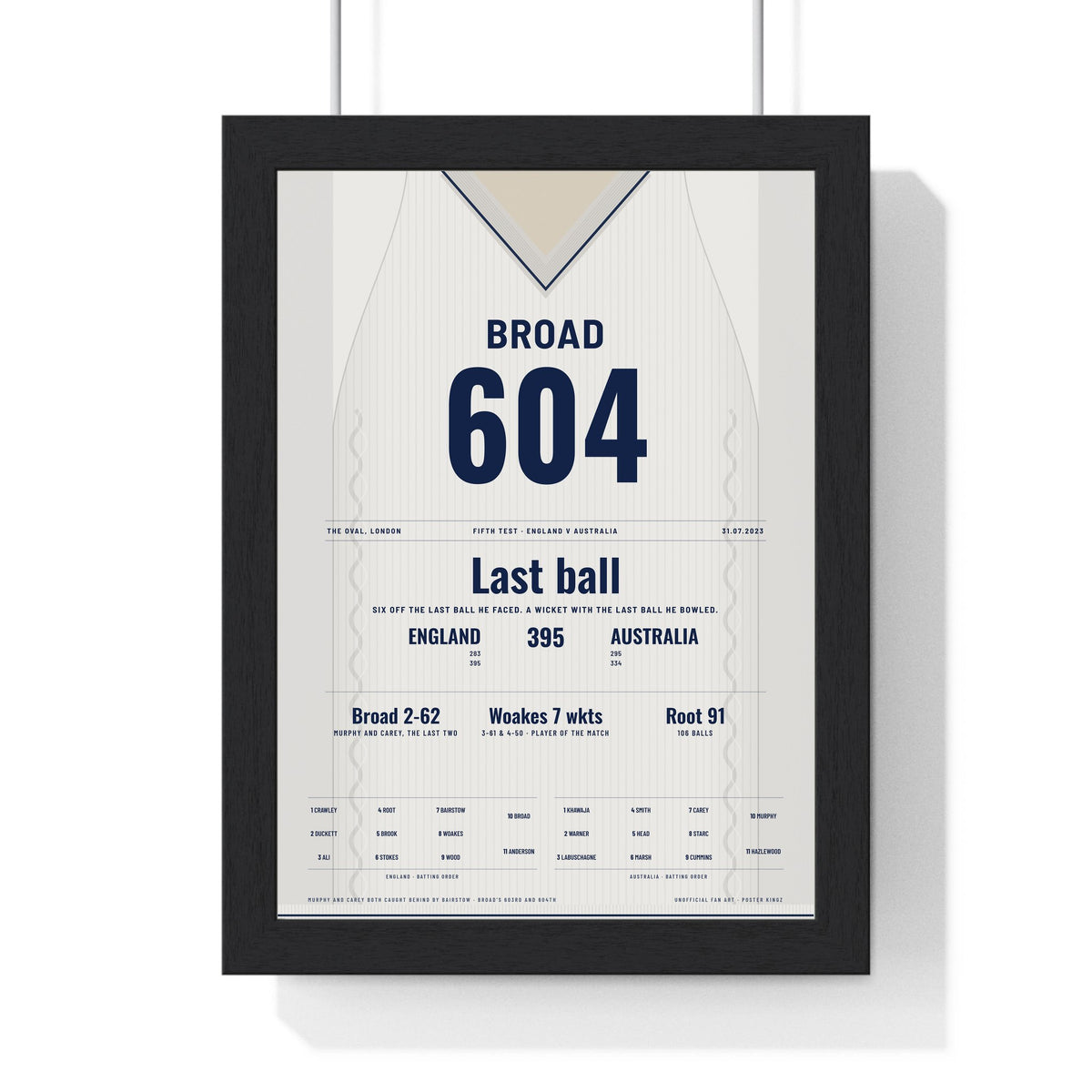 Stuart Broad The Oval 2023 Cricket Poster - Final Test Jumper Print framed in a black frame, ready to hang