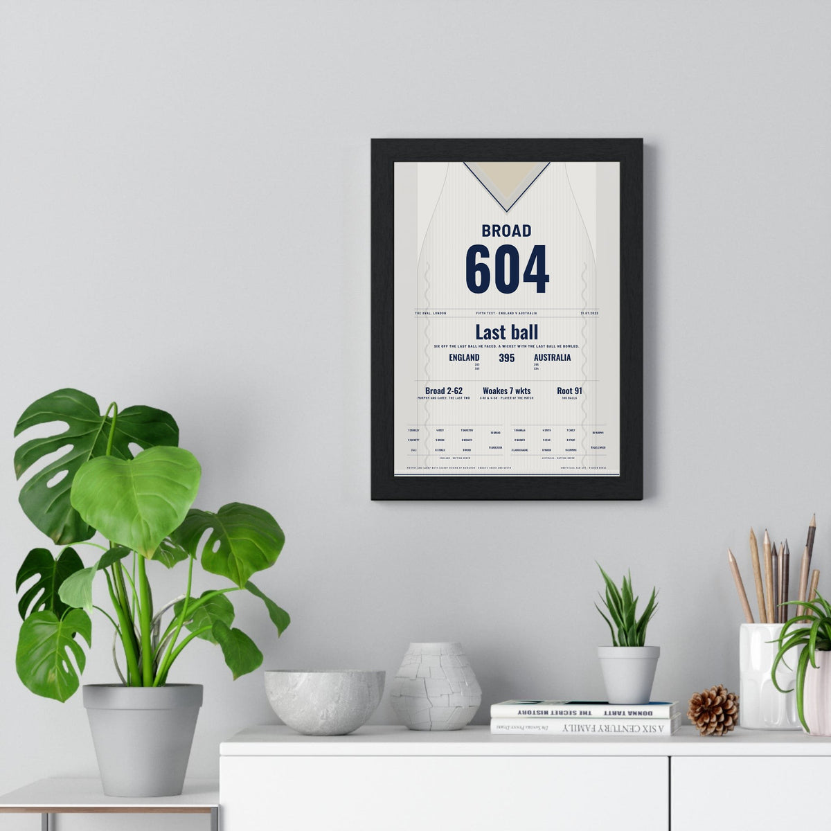Stuart Broad The Oval 2023 Cricket Poster - Final Test Jumper Print framed on a living room wall