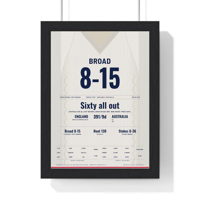 Stuart Broad Trent Bridge 2015 Cricket Poster - 8-15 Jumper Print framed in a black frame, ready to hang