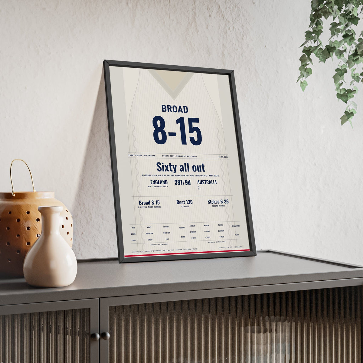 Stuart Broad Trent Bridge 2015 Cricket Poster - 8-15 Jumper Print framed and leaning on a sideboard