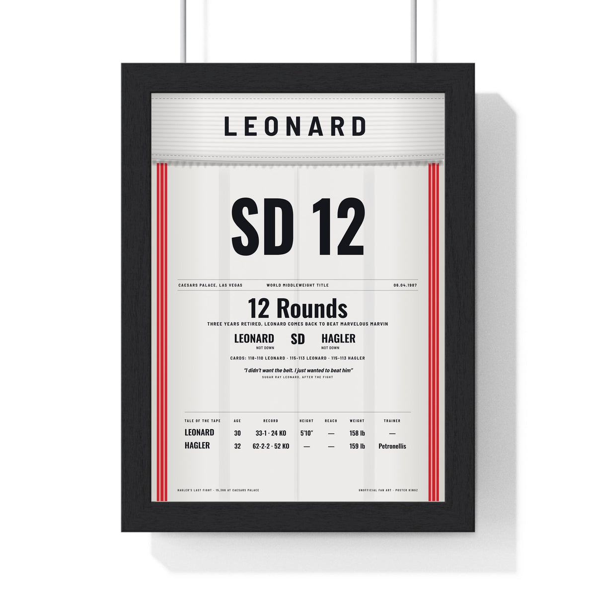 Leonard v Hagler 1987 Boxing Poster framed in a black frame, ready to hang