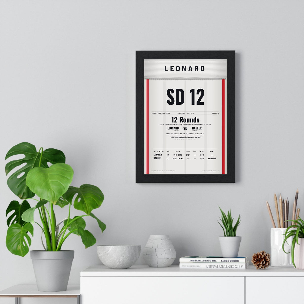 Leonard v Hagler 1987 Boxing Poster framed on a living room wall