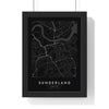 Sunderland street map poster in black, minimal city map print framed in a black frame