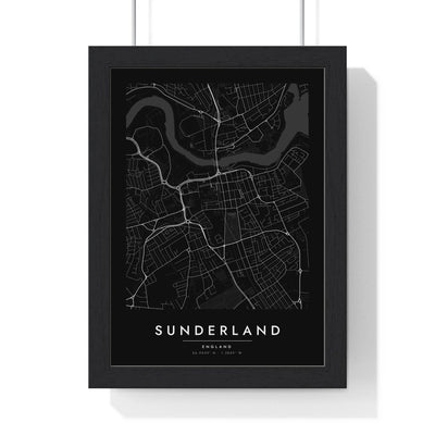 Sunderland street map poster in black, minimal city map print framed in a black frame