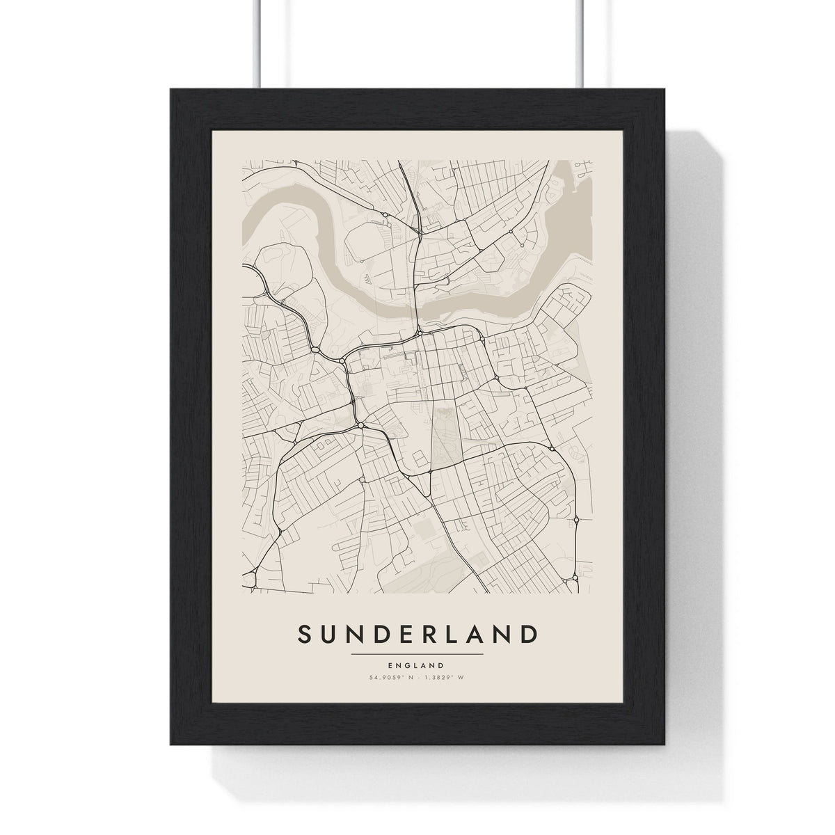 Sunderland street map poster in cream, minimal city map print framed in a black frame