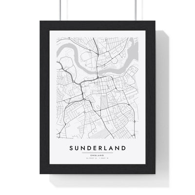 Sunderland street map poster in white, minimal city map print framed in a black frame