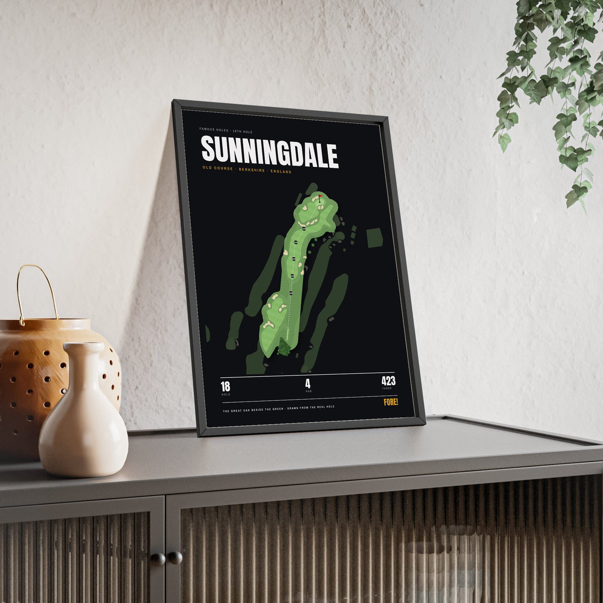Sunningdale 18th Hole print framed and leaning on a sideboard