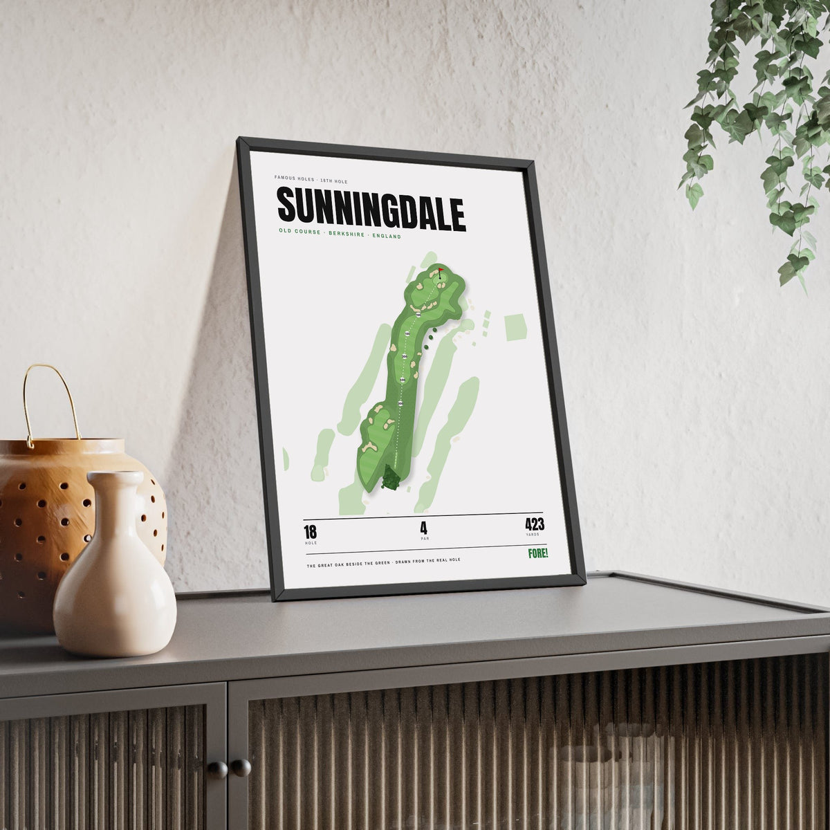 Sunningdale 18th Hole White print framed and leaning on a sideboard