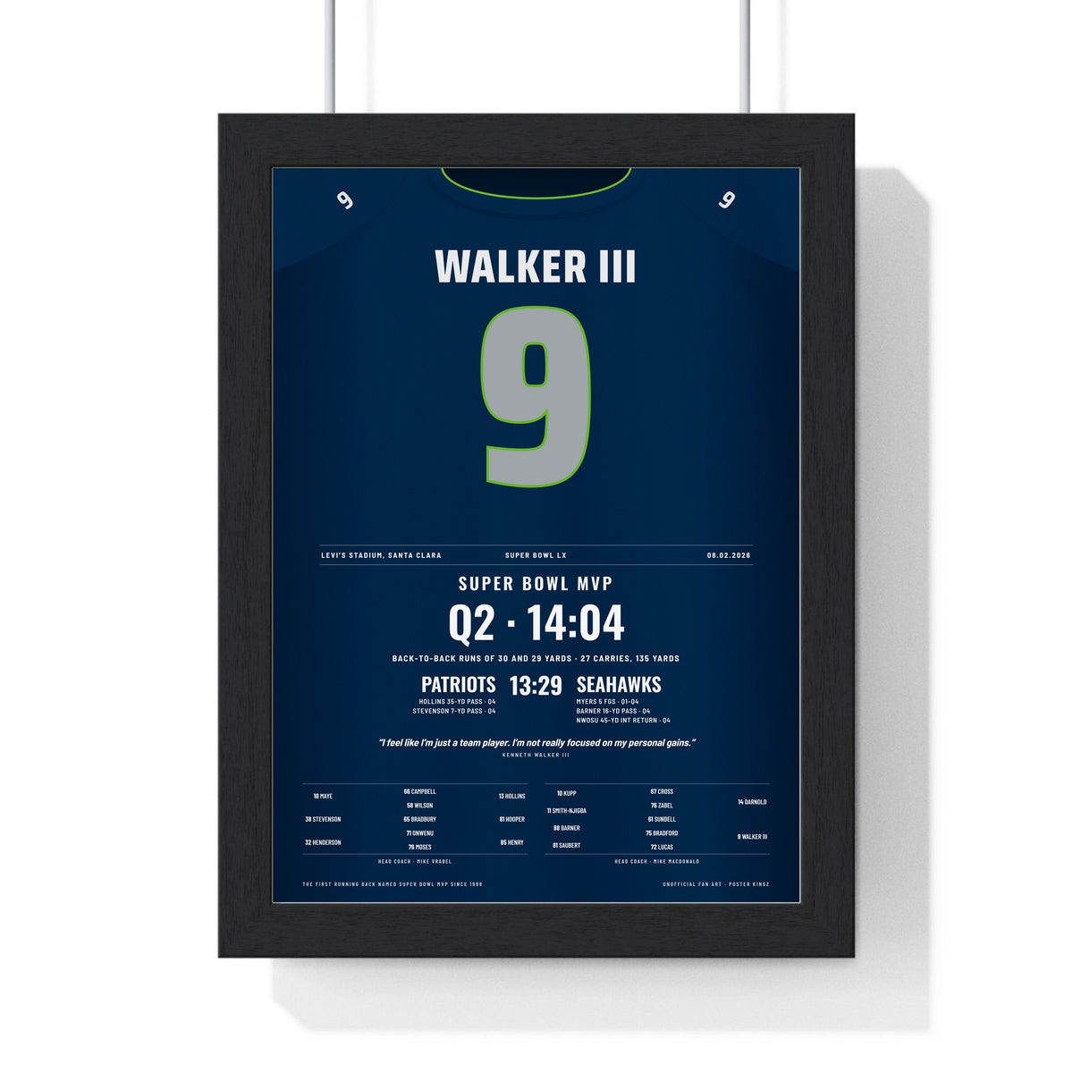 Seattle Seahawks Super Bowl LX Poster - Kenneth Walker III 9 MVP Jersey Print framed in a black frame, ready to hang