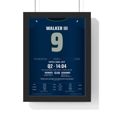 Seattle Seahawks Super Bowl LX Poster - Kenneth Walker III 9 MVP Jersey Print framed in a black frame, ready to hang