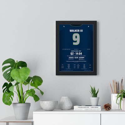 Seattle Seahawks Super Bowl LX Poster - Kenneth Walker III 9 MVP Jersey Print framed on a living room wall