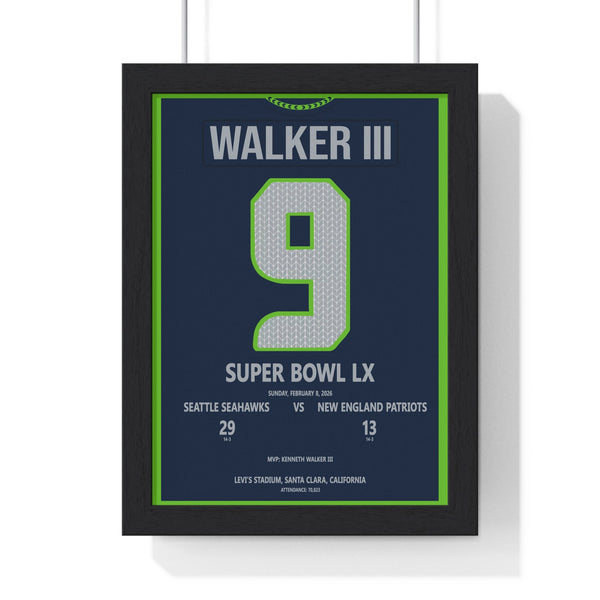 Framed Super Bowl LX Seahawks Walker III MVP Print poster showing jersey-style stats design