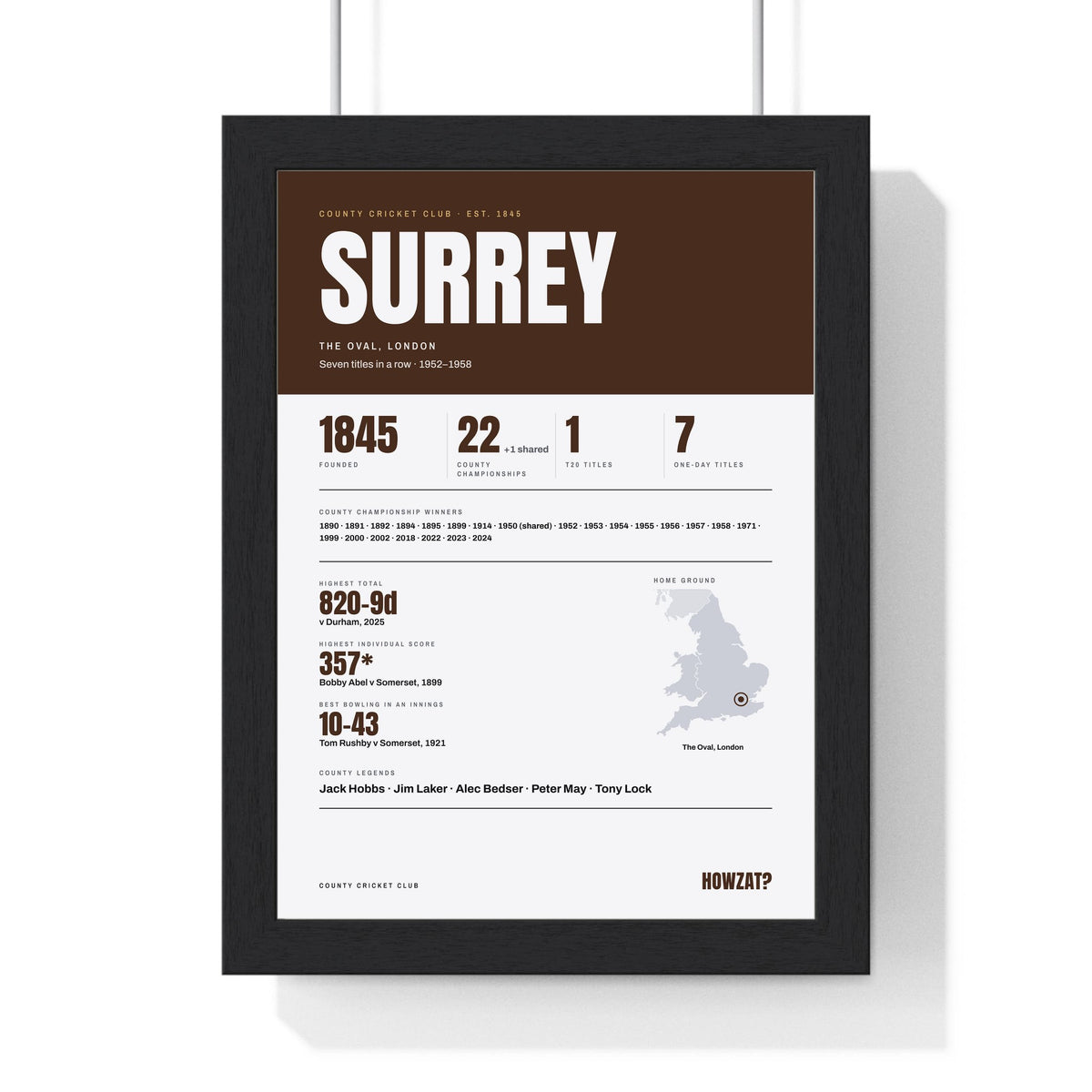 Surrey Cricket print framed in a black frame, ready to hang