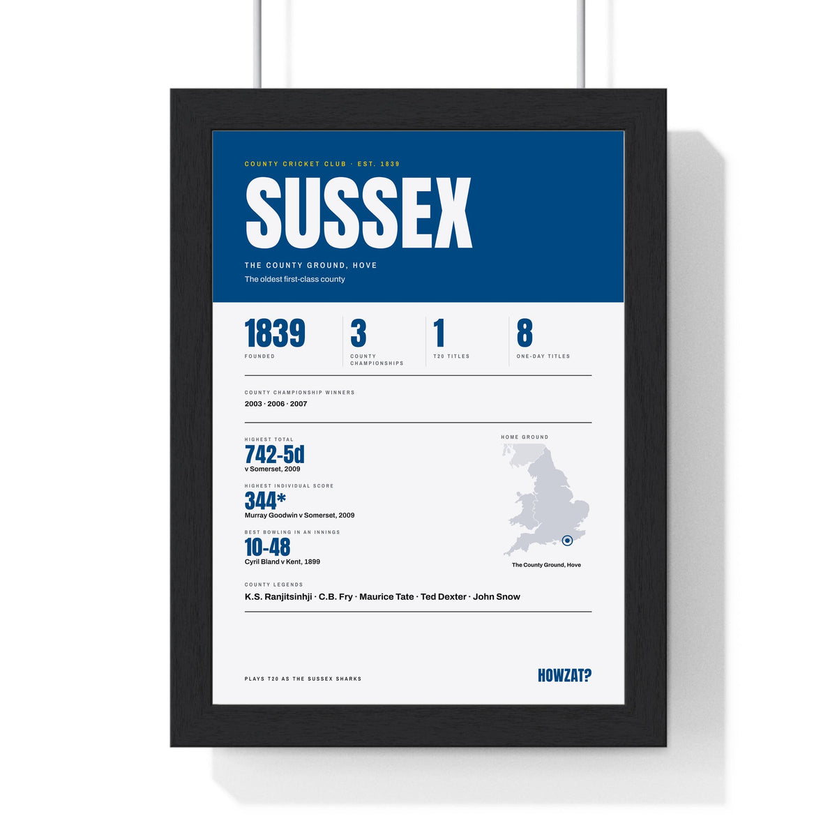 Sussex Cricket print framed in a black frame, ready to hang