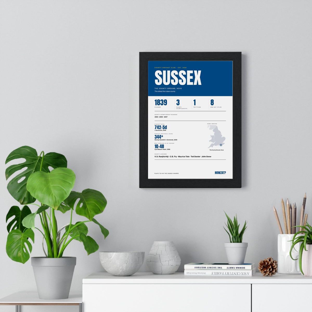 Sussex Cricket print framed on a living room wall