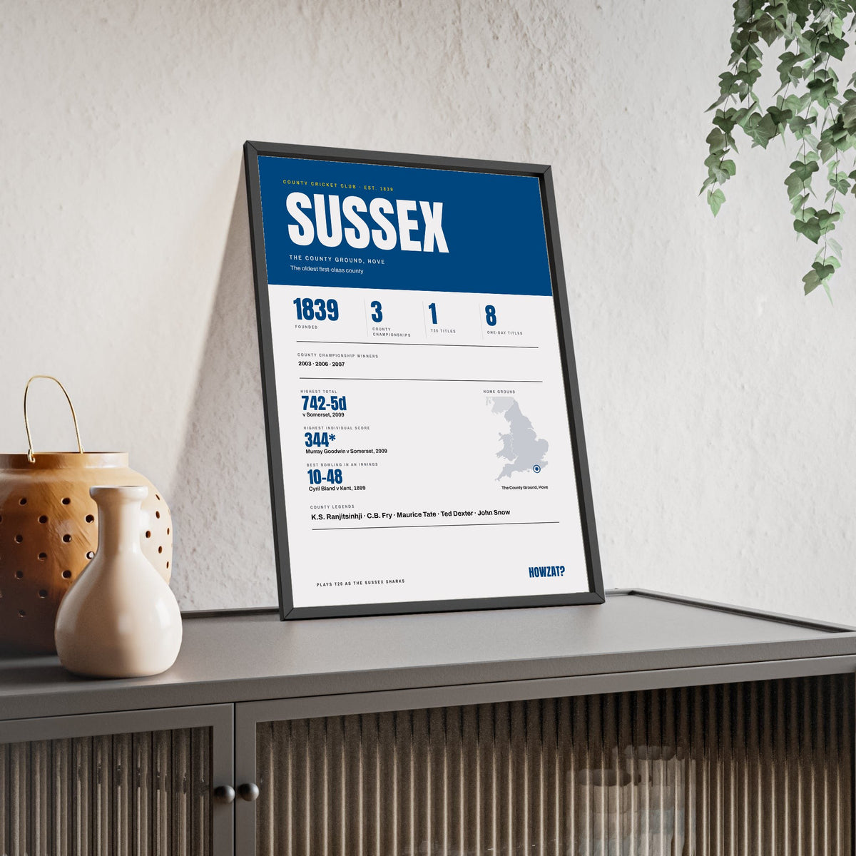 Sussex Cricket print framed and leaning on a sideboard