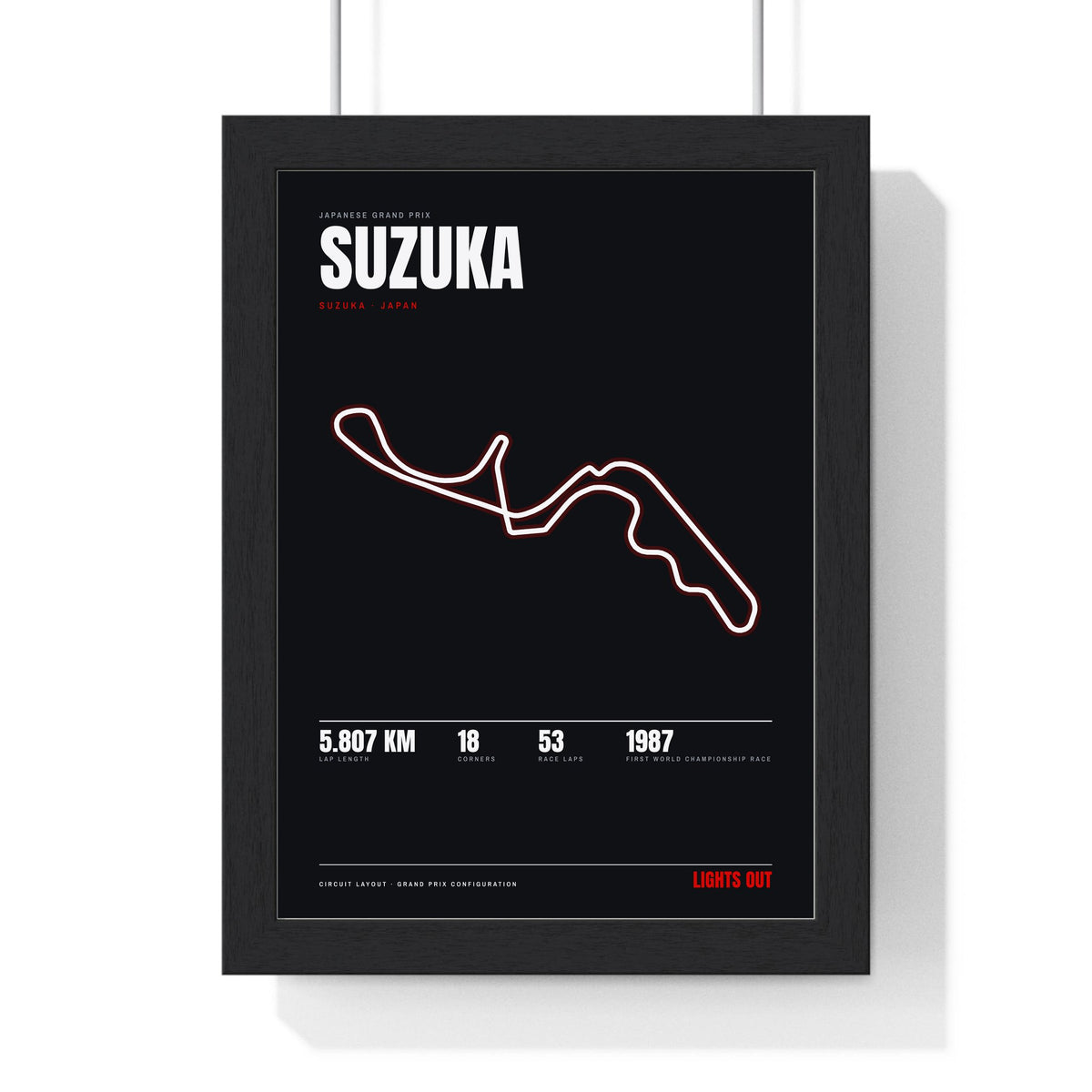 Suzuka Circuit print framed in a black frame, ready to hang