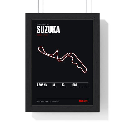 Suzuka Circuit print framed in a black frame, ready to hang