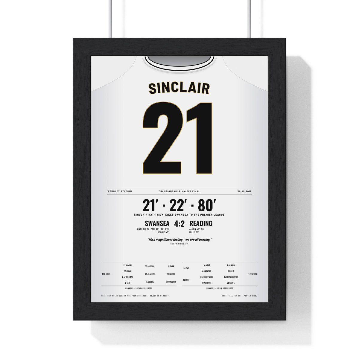 Swansea City Play-Off Final 2011 Poster - Scott Sinclair 21 Hat-Trick Wembley Shirt Print framed in a black frame, ready to hang