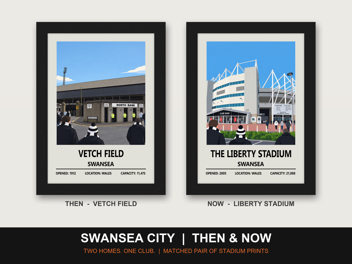 Swansea City Then & Now Stadium Set | Vetch Field + Liberty Stadium Prints - framed prints shown together as a set