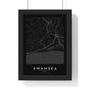 Swansea street map poster in black, minimal city map print framed in a black frame
